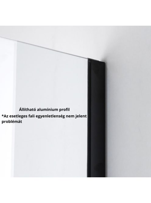 Stuxi Milano Plus Black Walk-in zuhanyfal, 90x200 cm, 8 mm vastag vízlepergető biztonsági üveggel, matt fekete profillal, távtartóval, polccal és törölközőtartóval
