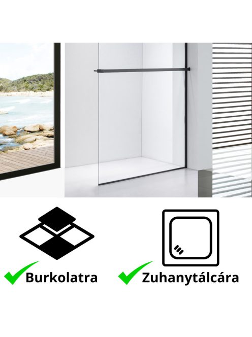 Stuxi Milano Plus Black Walk-in zuhanyfal, 90x200 cm, 8 mm vastag vízlepergető biztonsági üveggel, matt fekete profillal, távtartóval, polccal és törölközőtartóval