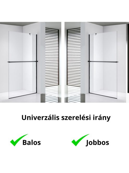Stuxi Milano Easy Plus Black Walk-in zuhanyfal, 90x200 cm, 8 mm vastag vízlepergető üveggel, helytakarékos stabilizátorral, polccal, törölközőtartóval