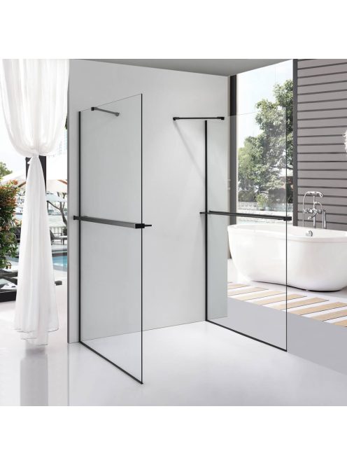 Stuxi Milano Gate Black Plus 2 falsíkra szerelhető, két oldalfalas walk-in zuhanyfal, 70x120 cm, 8 mm vastag vízlepergető biztonsági üveggel, helytakarékos sarokmerevítőkkel