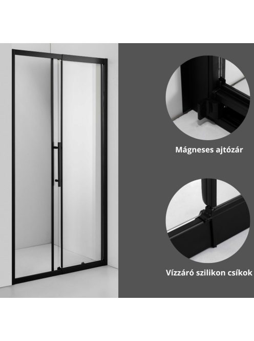 Stuxi Sydney Black 110 cm széles toló zuhanyajtó 6 mm vastag vízlepergető biztonsági üveggel, fekete elemekkel, 200 cm magas